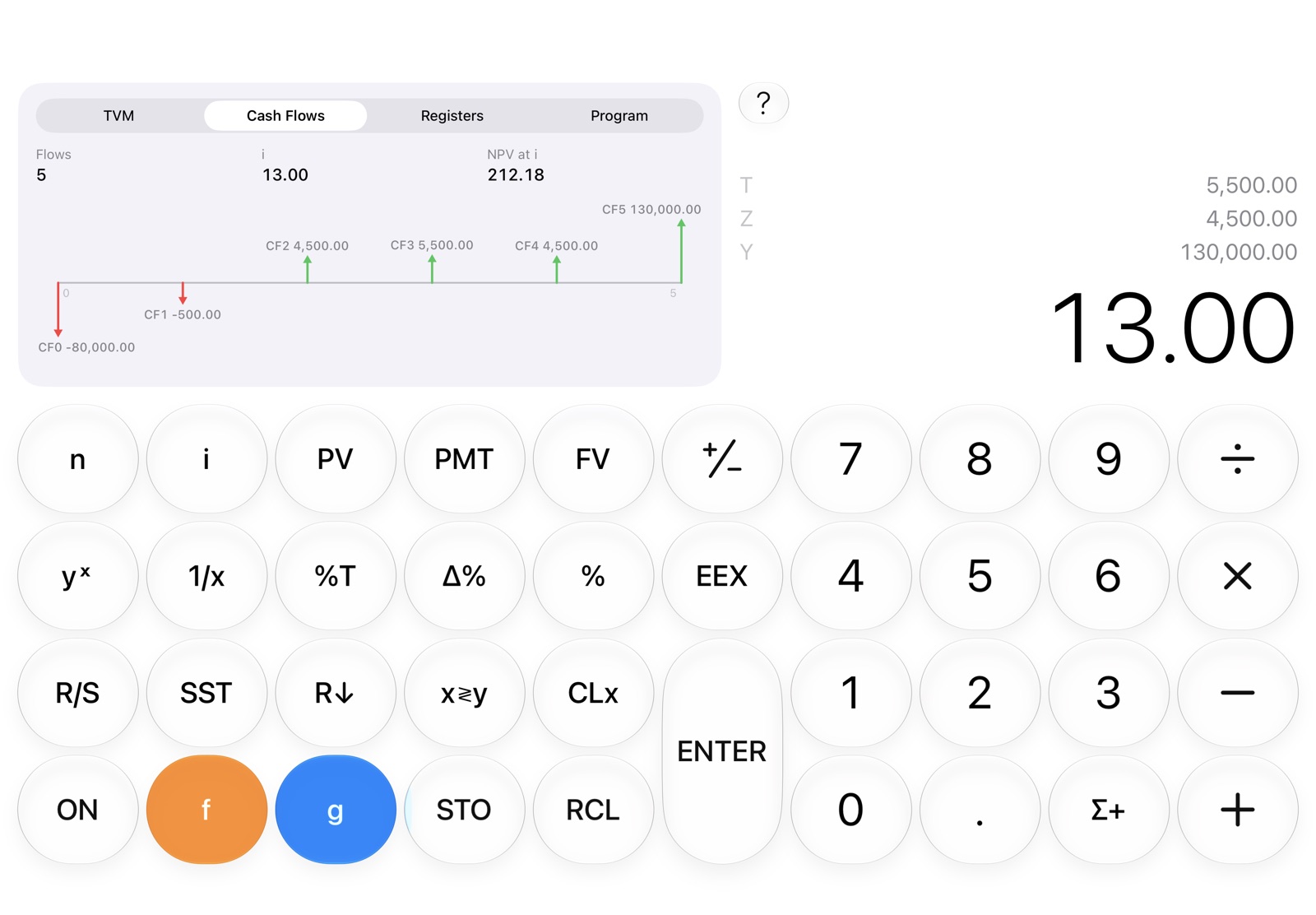 Par on iPad in landscape: a cash-flow diagram with an NPV of 212.18 beside the stack and a 10 by 4 keypad